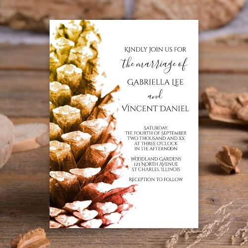 Rustic Pine Cone on White Woodland Wedding Invitation