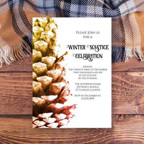 Rustic Pine Cone on White Woodland Winter Solstice Invitation
