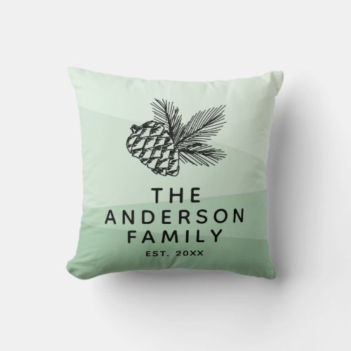Rustic Pine Cone Silhouette Mint Green Family Name Throw Pillow