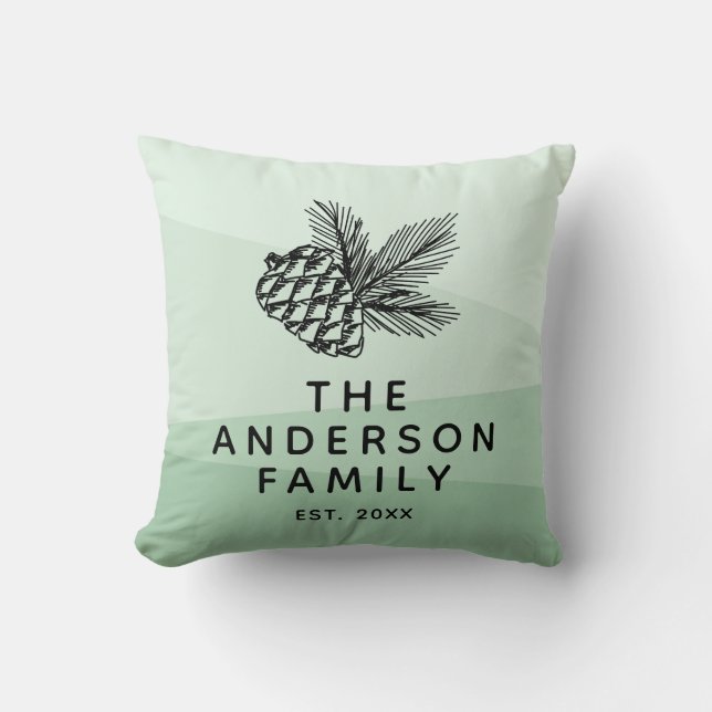 Rustic Pine Cone Silhouette Mint Green Family Name Throw Pillow (Front)