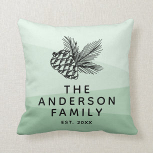 Rustic Pine Cone Silhouette Mint Green Family Name Throw Pillow