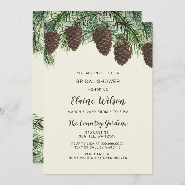 Rustic Pine cone Winter Wedding Bridal Shower Invitation (Front/Back)