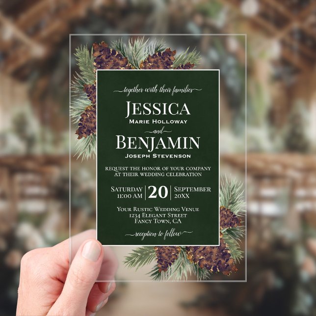 Rustic Pine Cones & Branches Stylish Text Wedding Acrylic Invitations (Creator Uploaded)