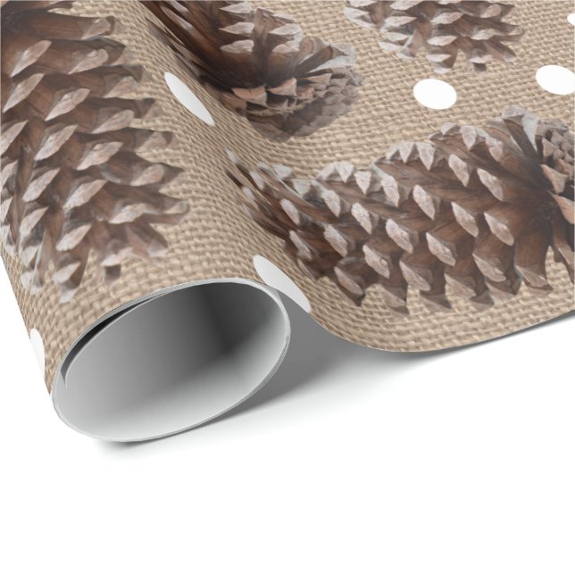Rustic Pine Cones Burlap White Dots Wrapping Paper (Roll Corner)
