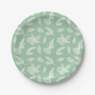Rustic Pine Cones Pattern White & Mint Serving Paper Plates