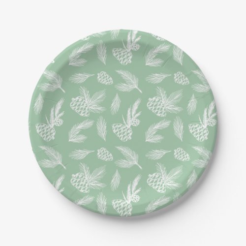Rustic Pine Cones Pattern White  Mint Serving Paper Plates