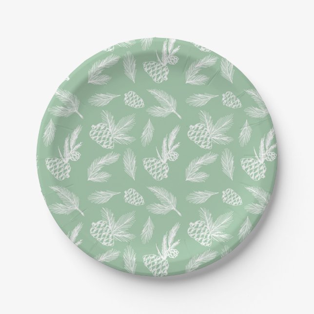 Rustic Pine Cones Pattern White & Mint Serving Paper Plates (Front)