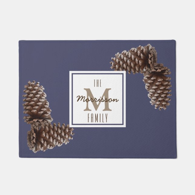 Rustic Pine Cones Personalized Family Name Doormat (Front)