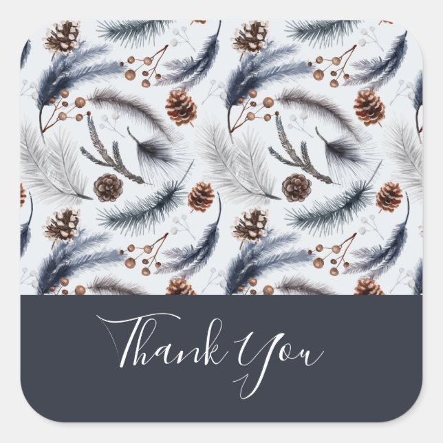 Rustic Pine Cones Watercolor Pattern Thank You Square Sticker (Front)