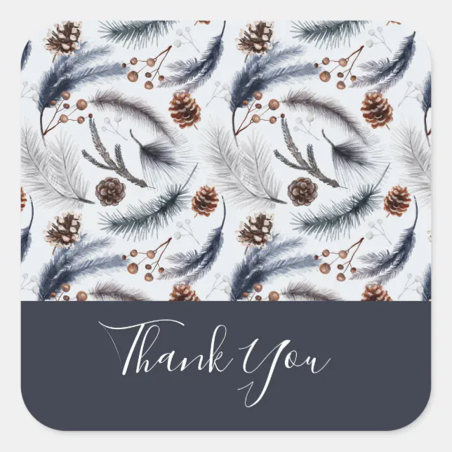 Rustic Pine Cones Watercolor Pattern Thank You Square Sticker | Zazzle