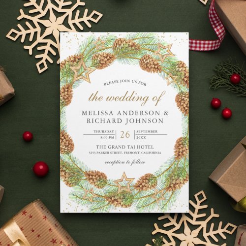 Rustic Pine Cones Wreath Christmas Wedding Invitation