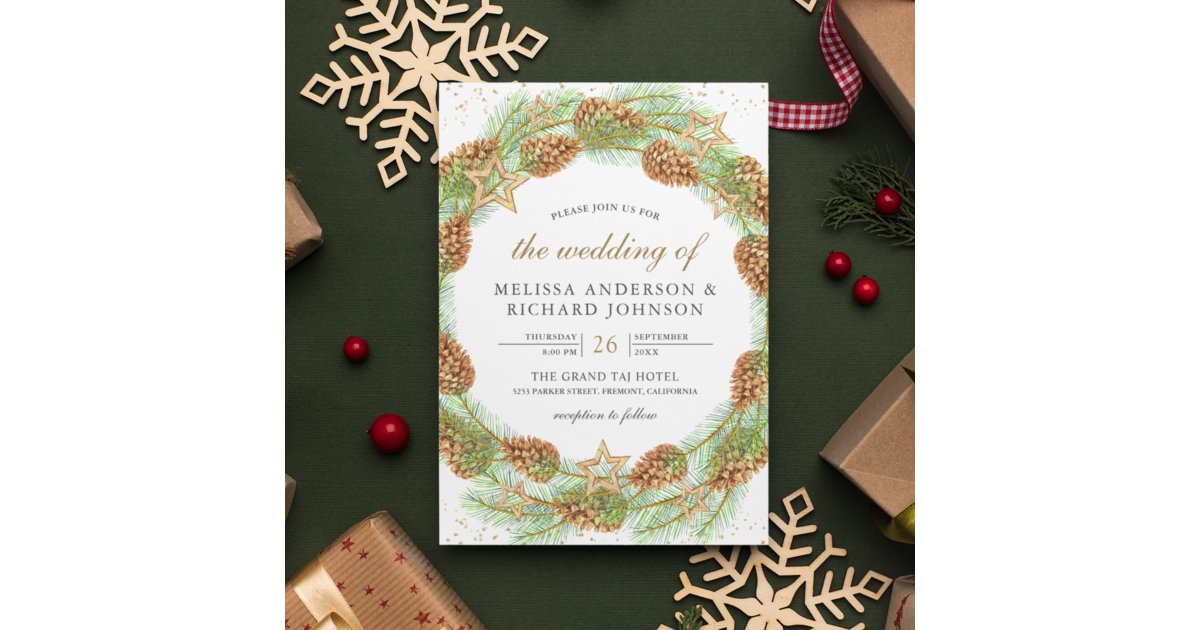 Rustic Pine Cones Wreath Christmas Wedding Invitation | Zazzle