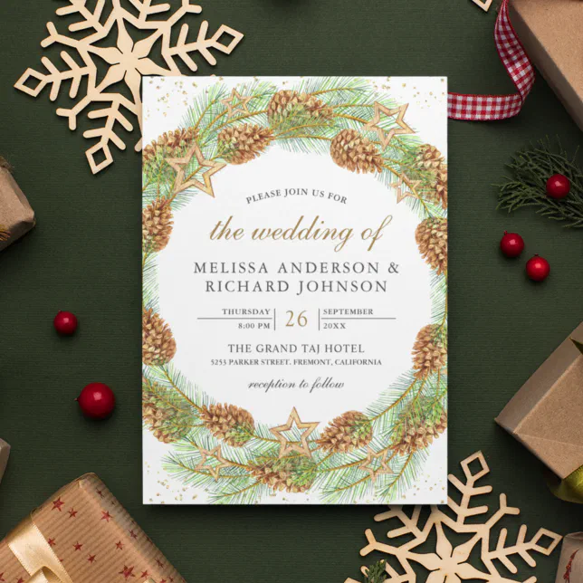 Rustic Pine Cones Wreath Christmas Wedding Invitation | Zazzle