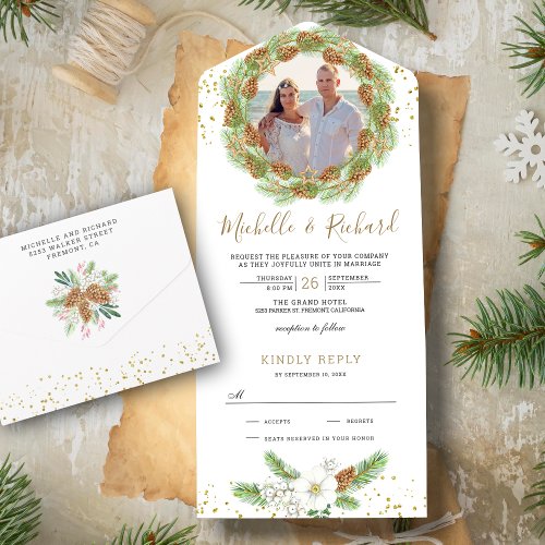 Rustic Pine Cones Wreath Photo Christmas Wedding All In One Invitation
