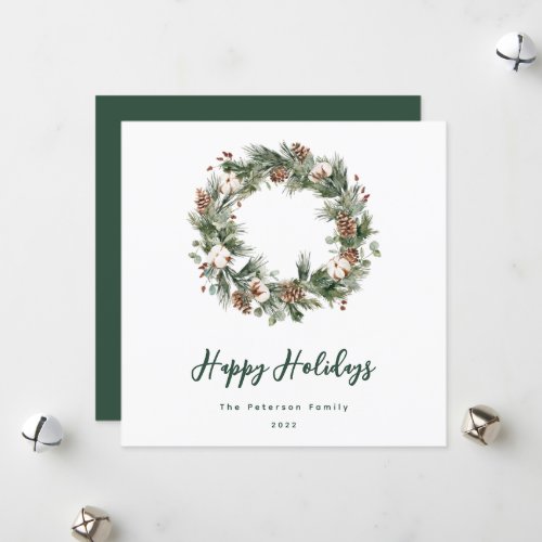 Rustic Pine Cotton Watercolor Greenery Wreath Holiday Card