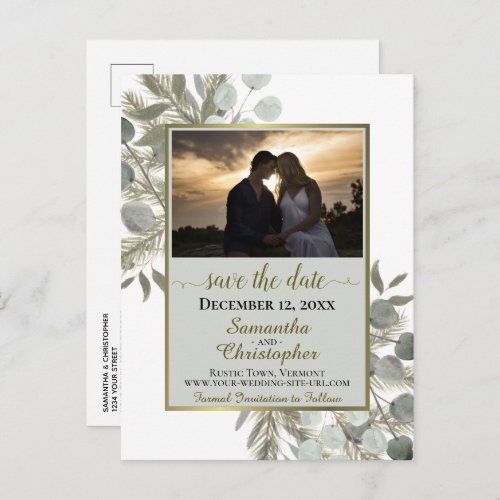 Rustic Pine  Eucalyptus Gray Save the Date Photo Announcement Postcard