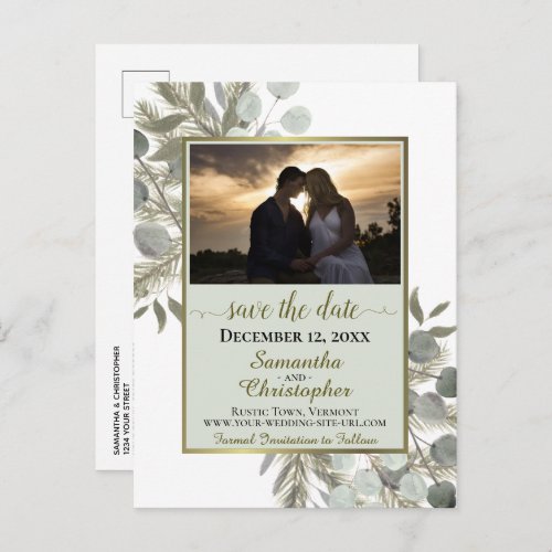 Rustic Pine  Eucalyptus Sage Save the Date Photo Announcement Postcard