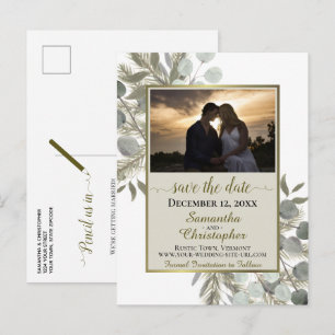 Rustic Pine & Eucalyptus Tan Save the Date Photo Announcement Postcard