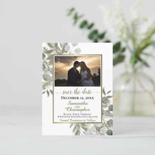 Rustic Pine  Eucalyptus White Save the Date Photo Announcement Postcard