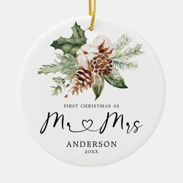 Rustic Pine First Christmas Mr & Mrs Gift Ceramic  Ornament (Front)
