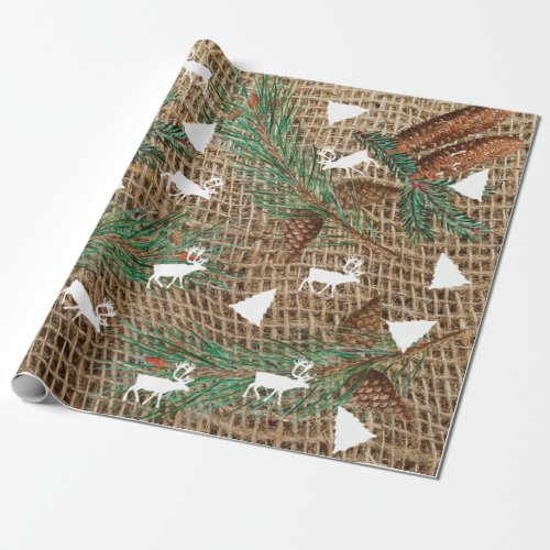 Rustic Pine Forest Christmas Tree Reindeer Wrapping Paper