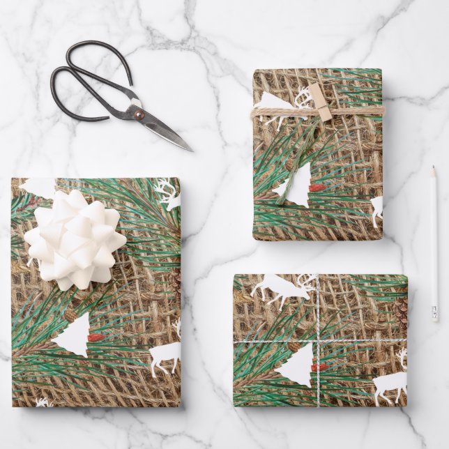 Rustic Pine Forest Christmas Tree Reindeer Wrapping Paper Sheets (Front)
