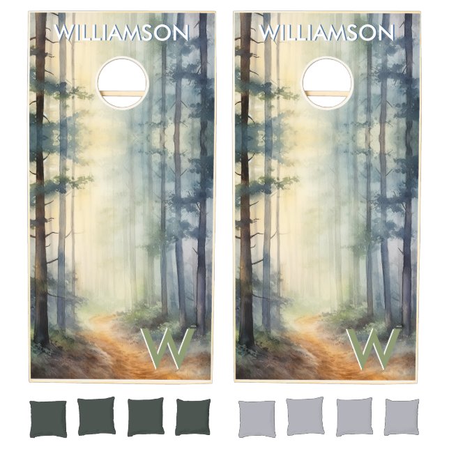 Rustic Pine Forest Path Custom Monogram Name Cornhole Set (Set)