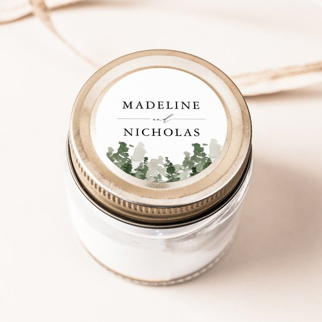 Rustic Pine Forest Personalized Wedding Classic Round Sticker (Creator Uploaded)