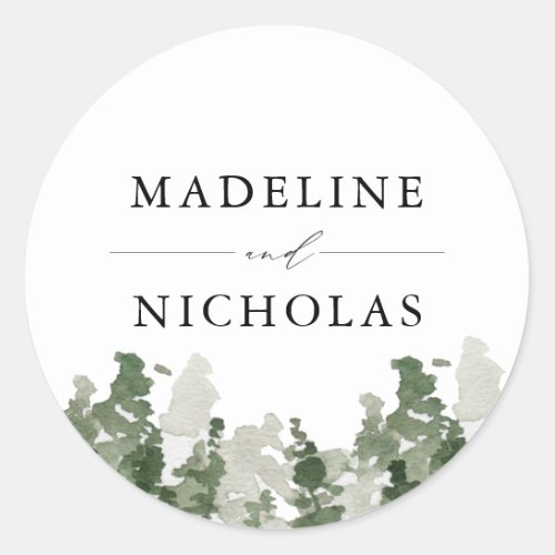 Rustic Pine Forest Personalized Wedding Classic Round Sticker