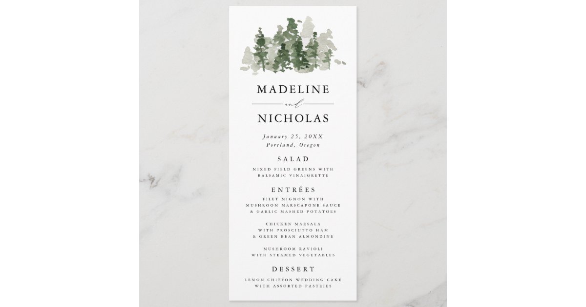 Rustic Pine Forest Wedding Menu Card | Zazzle