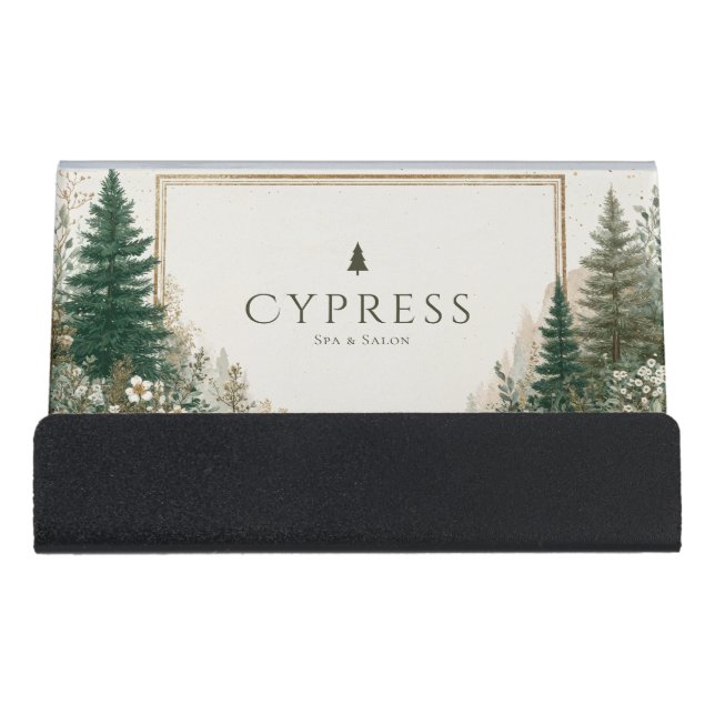 Rustic Pine Forest Winter Woodland Desk Business Card Holder (Front)