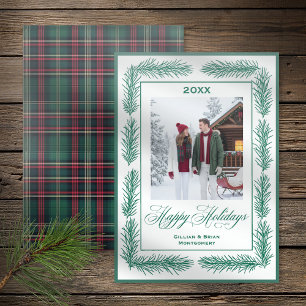 Rustic Pine Frame Green Happy Holidays Letterpress Photo Cards