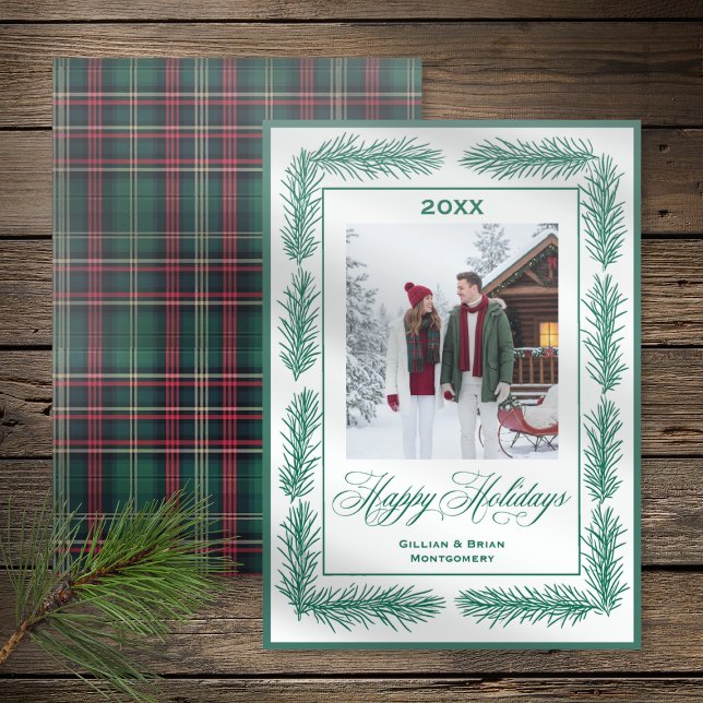Rustic Pine Frame Green Happy Holidays Letterpress Photo Cards (Rustic Pine Frame Green Happy Holidays Letterpress Photo Cards)