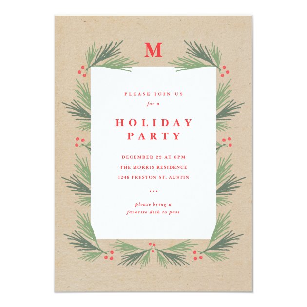 Rustic Pine Frame Monogram Party Invitation