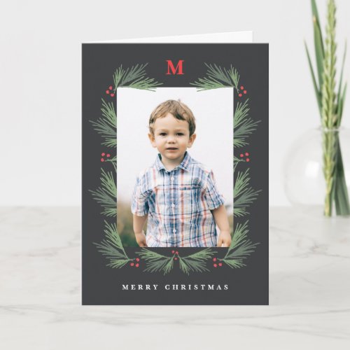 Rustic pine frame monogram photo holiday card