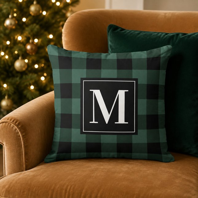 Rustic Pine Green Black Buffalo Plaid Monogram Throw Pillow (Creator Uploaded)