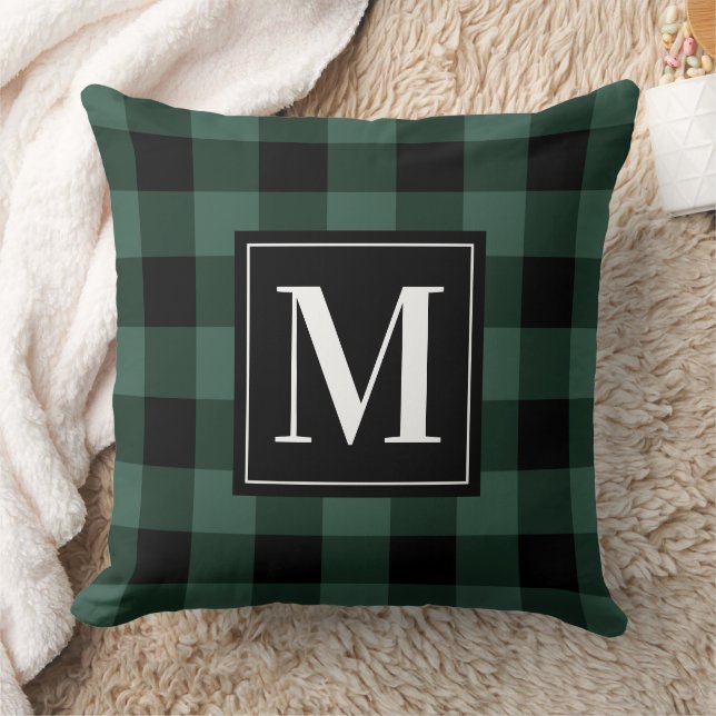 Rustic Pine Green Black Buffalo Plaid Monogram Throw Pillow (Blanket)