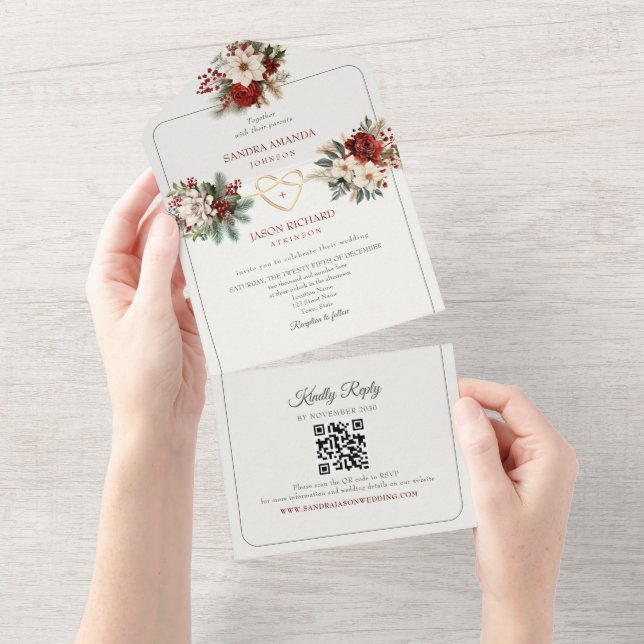 Rustic Pine Green Red Wedding Invitations (Tearaway)