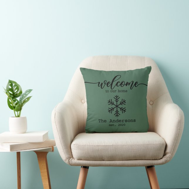 Rustic Pine Green Welcome to Our Home Custom Name Throw Pillow (Chair)