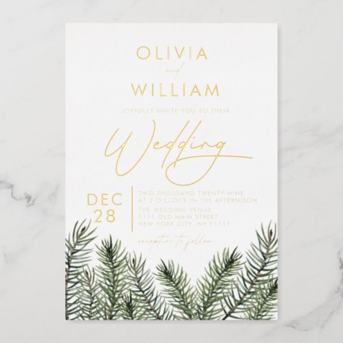 Rustic Pine Greenery Christmas Holiday Wedding Foil Invitation