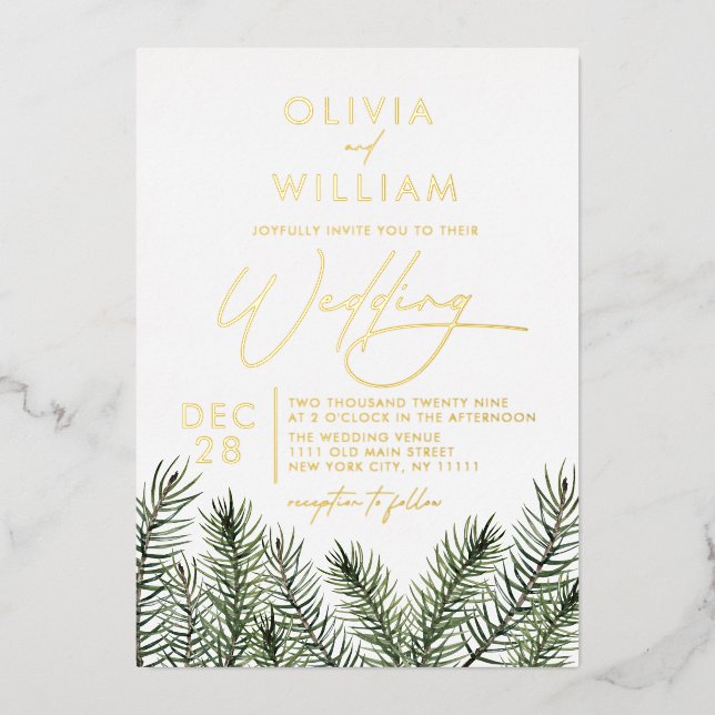 Rustic Pine Greenery Christmas Holiday Wedding Foil Invitation (Front)