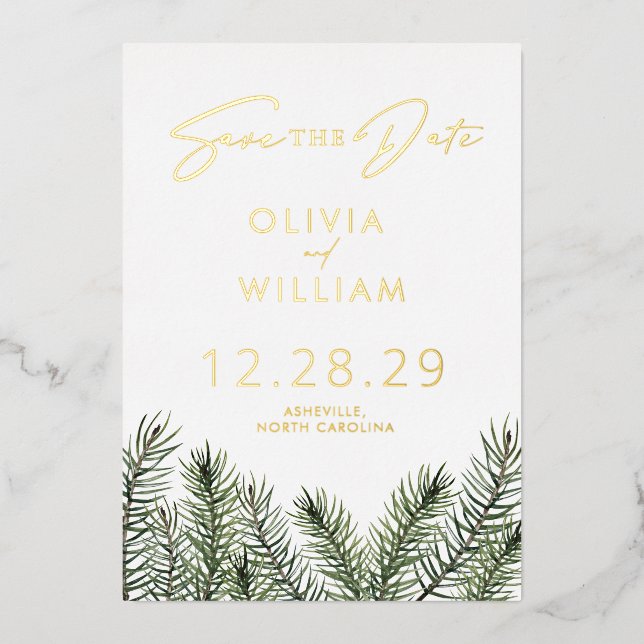 Rustic Pine Greenery Christmas Save The Date Foil Invitation (Front)