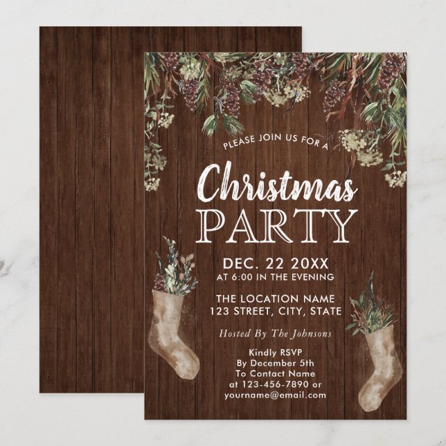 Rustic Pine Greenery Watercolor Christmas Party Invitation (Front/Back)