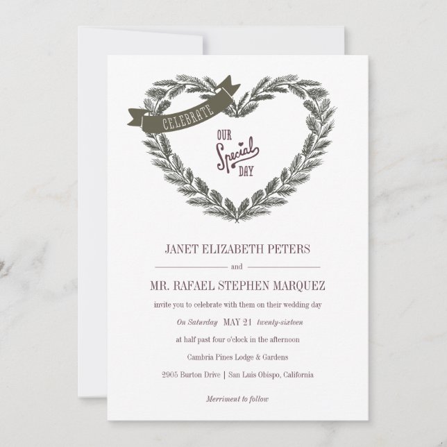 Rustic Pine Heart Wedding Invitation (Front)