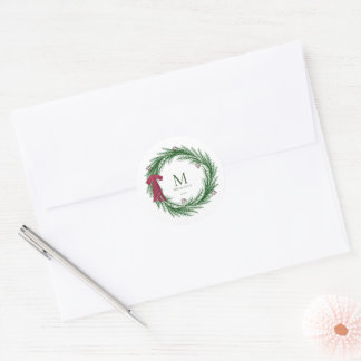 Rustic Pine Holiday Wreath Monogram Family Name Classic Round Sticker