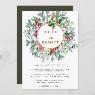 Rustic Pine, Holly and Berry Wreath Wedding Invitation