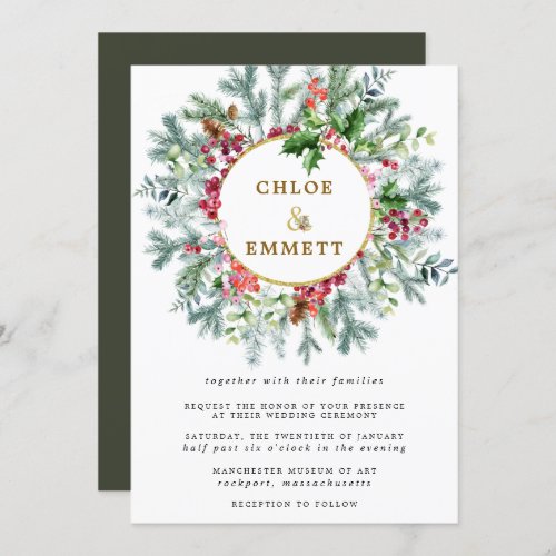 Rustic Pine Holly and Berry Wreath Wedding Invitation