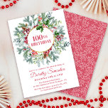 Rustic Pine Holly Berry Wreath 100th Birthday Invitation<br><div class="desc">100th Birthday is surrounded by a beautiful and rustic, winter greenery wreath. Soft green pine branches radiate out from a round gold frame. Deep red berries are sprinkled around the gold frame. A deep green holly sprig is placed at the top of the gold frame to add visual interest. The...</div>