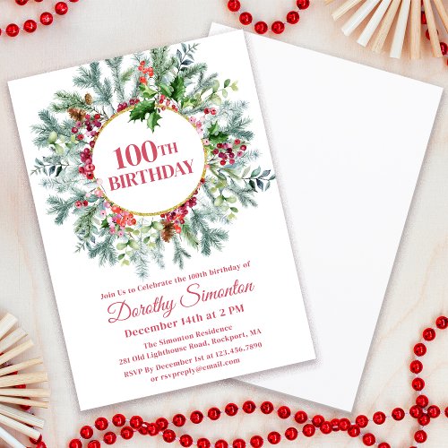 Rustic Pine Holly Berry Wreath 100th Birthday Invitation