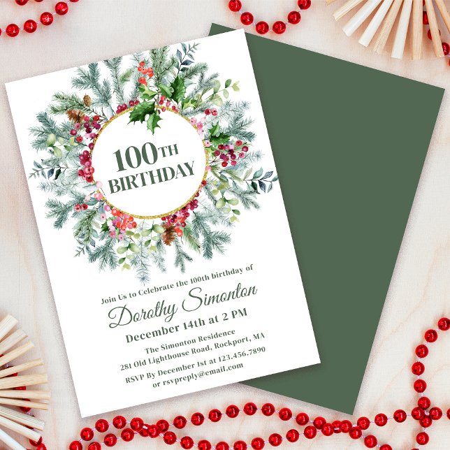 Rustic Pine Holly Berry Wreath 100th Birthday Invitation (Need matching party supplies? Napkins, paper plates, welcome signs? Message me for help. )